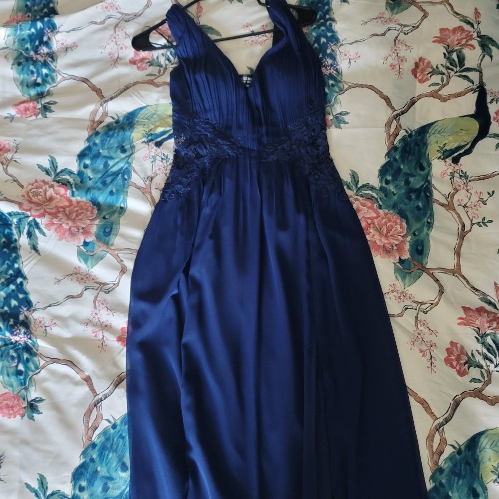 Little Mistress plunge pleat maxi dress with lace insert size 8 navy